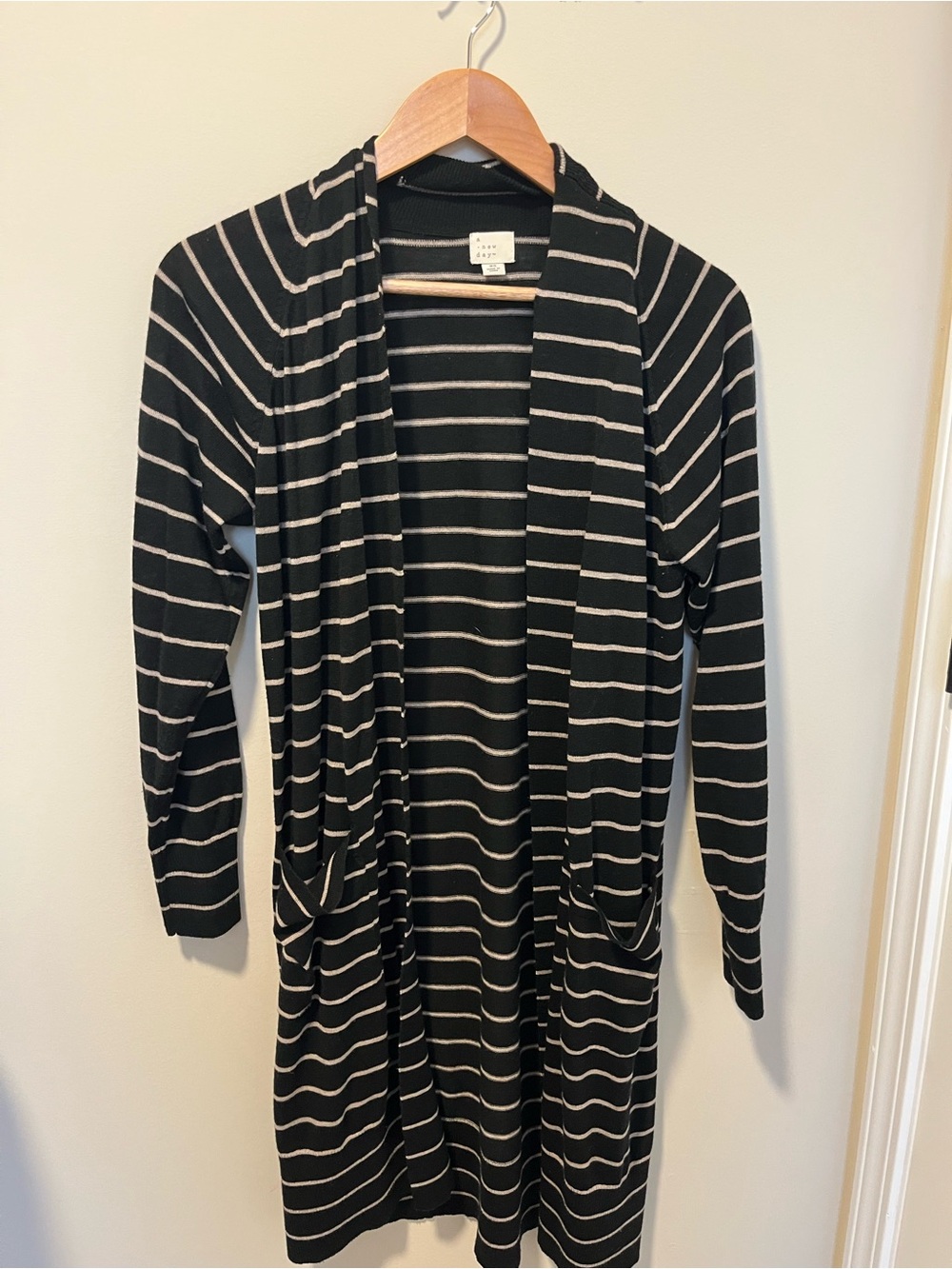 a new day Black and Cream Striped Open-Front Women's Cardigan